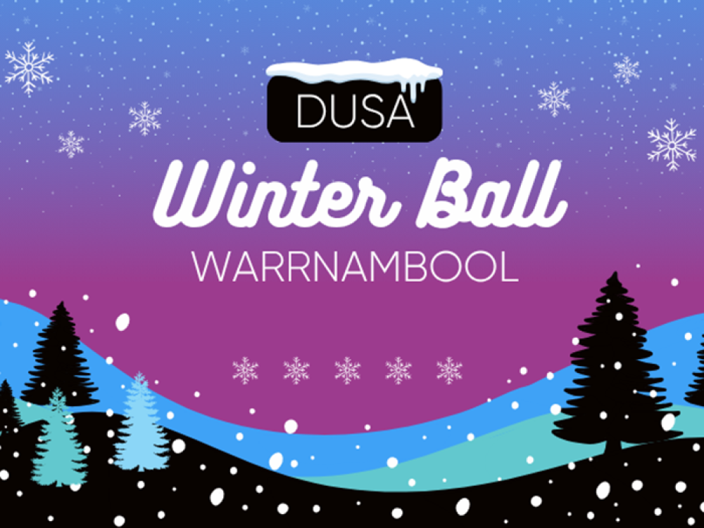 Winter Ball Warrnambool text above wintery forest illustration