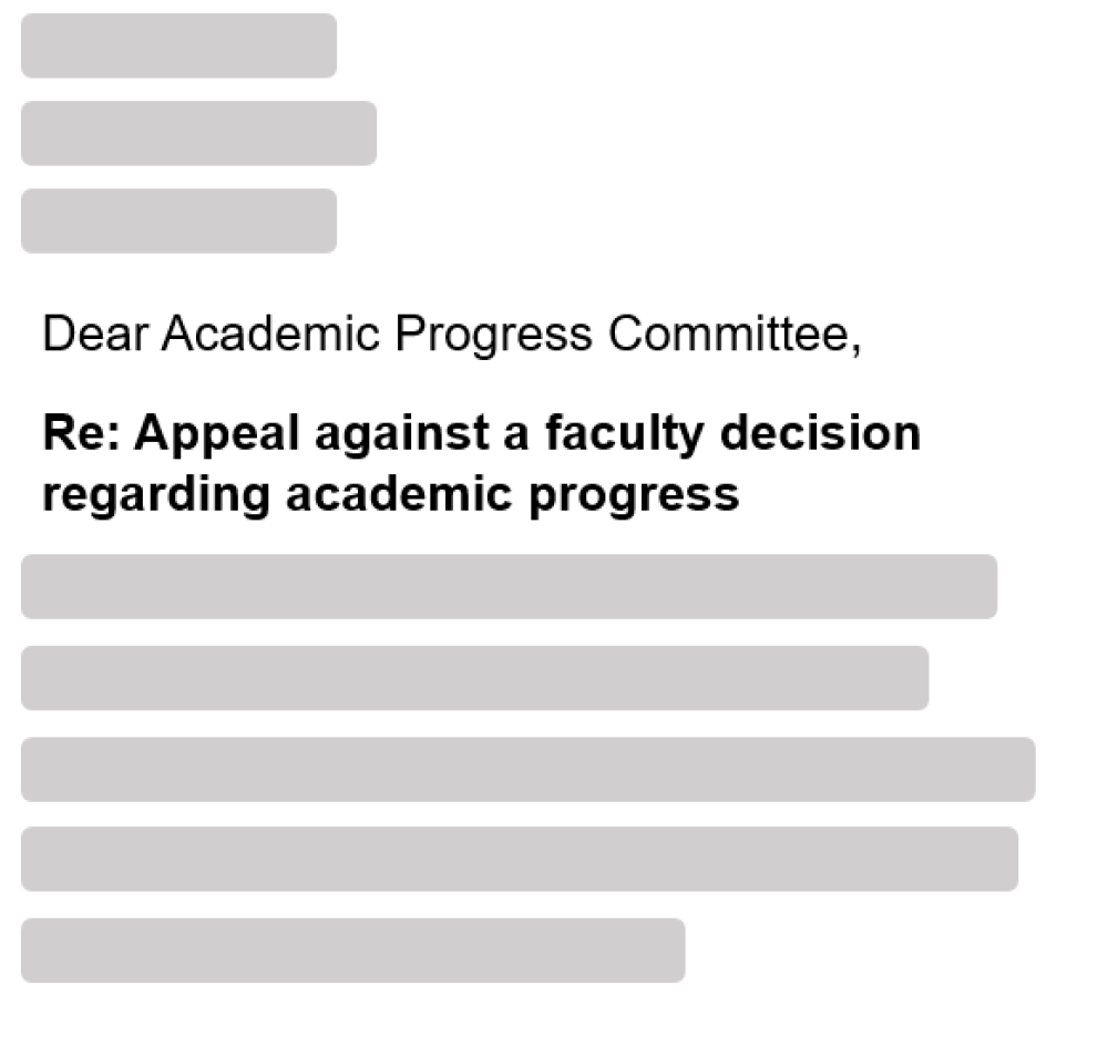 Letter to appeal against a faculty decision regarding academic progress