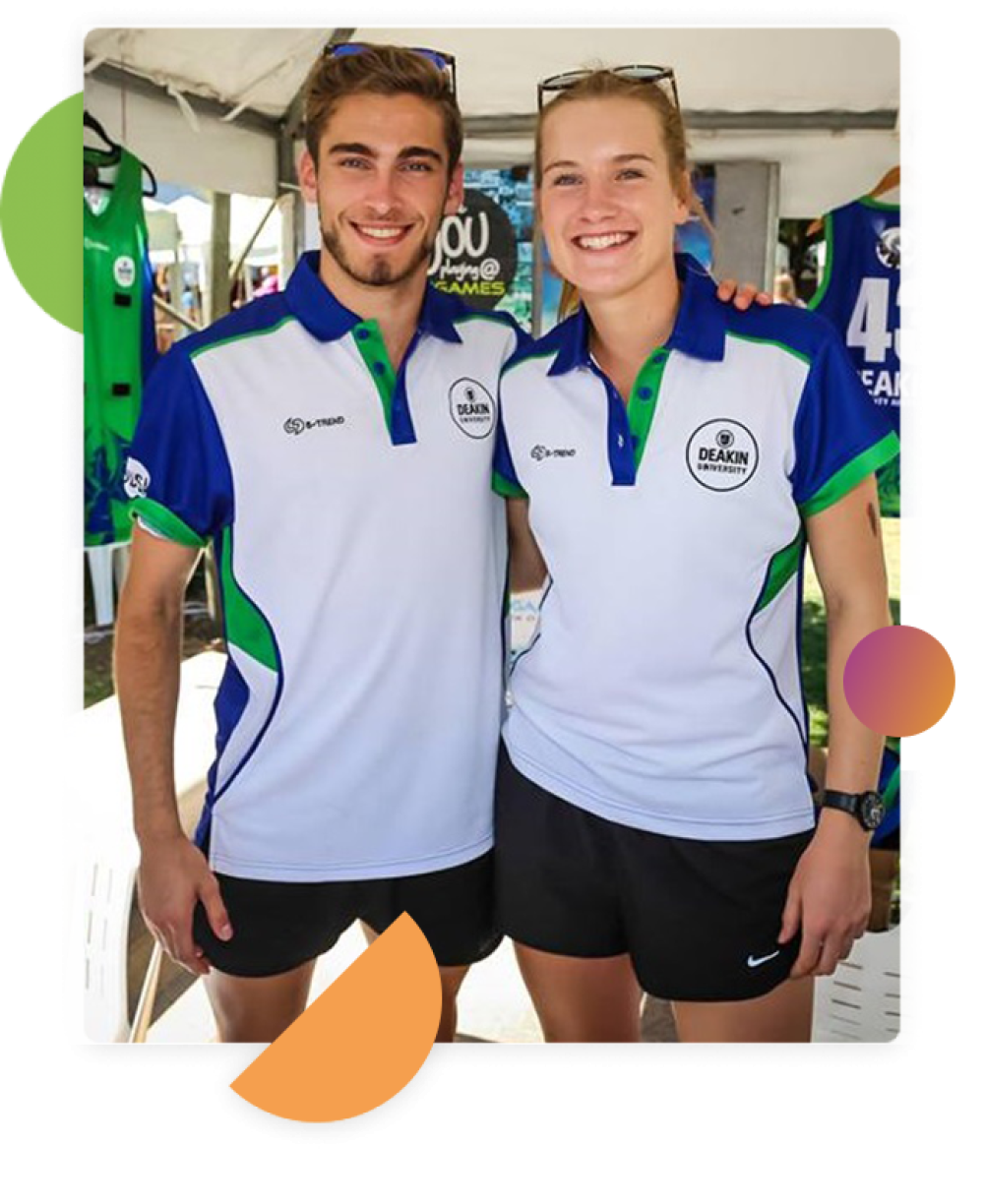Photo of a male and a female sports ambassadors in white green and blue jerseys