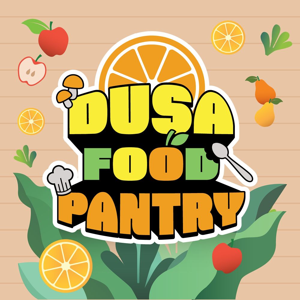 DUSA Free Food Pantry logo - illustration including oranges, apples, leafy greens, pears, a spoon and a chef's hat