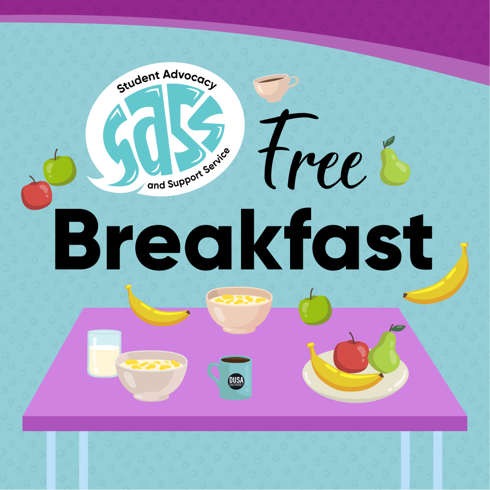 Illustration saying SASS Free Breakfast - table with breakfast: bowls of cereal, bananas, apples, a coffee mug and a glass of milk