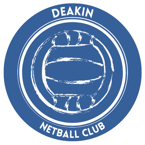 Deakin Netball Club logo - white fond on a blue circle along with the hand-drawn sketch of a netball